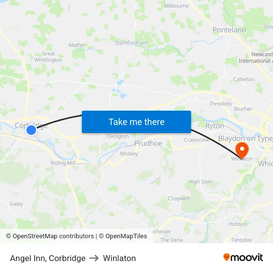 Angel Inn, Corbridge to Winlaton map