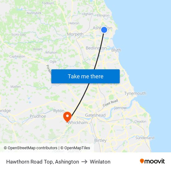 Hawthorn Road Top, Ashington to Winlaton map