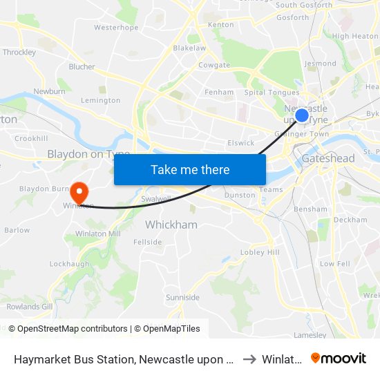 Haymarket Bus Station, Newcastle upon Tyne to Winlaton map