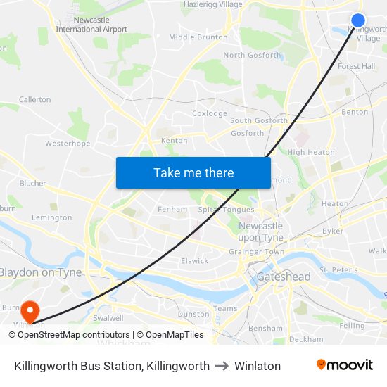 Killingworth Bus Station, Killingworth to Winlaton map