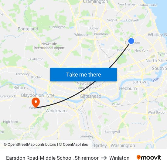 Earsdon Road-Middle School, Shiremoor to Winlaton map