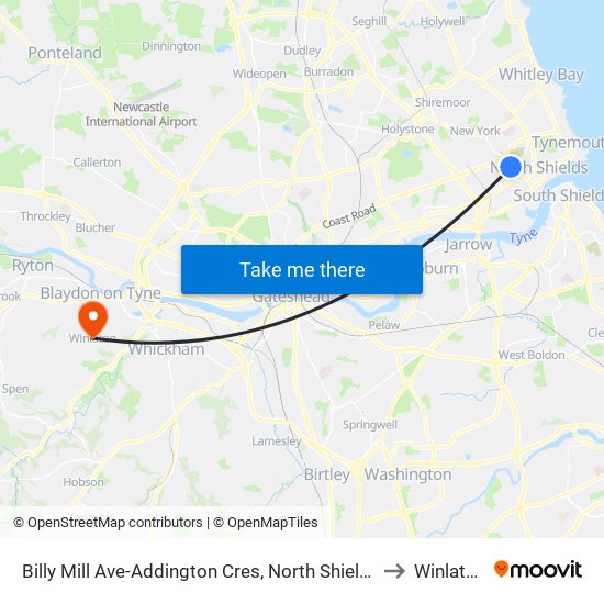 Billy Mill Ave-Addington Cres, North Shields to Winlaton map