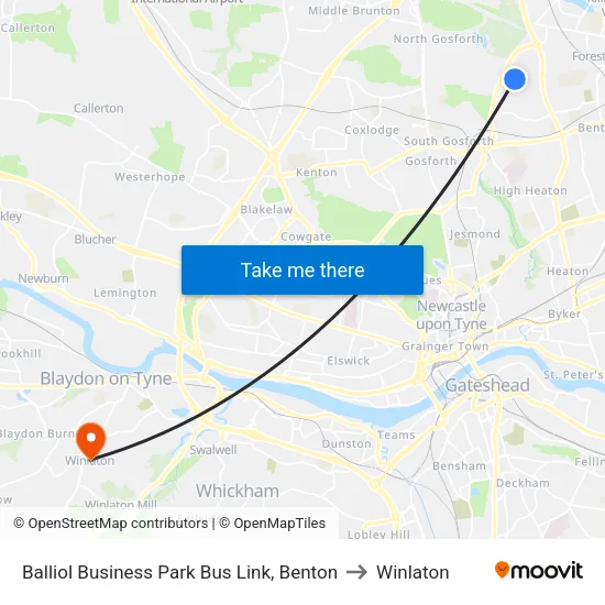 Balliol Business Park Bus Link, Benton to Winlaton map