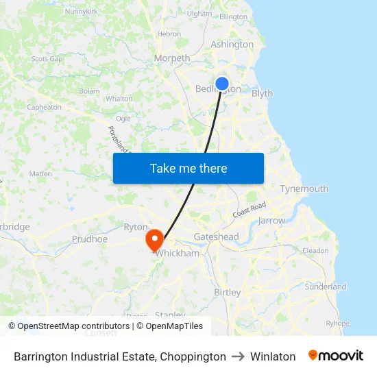 Barrington Industrial Estate, Choppington to Winlaton map
