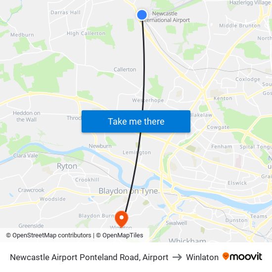 Newcastle Airport Ponteland Road, Airport to Winlaton map