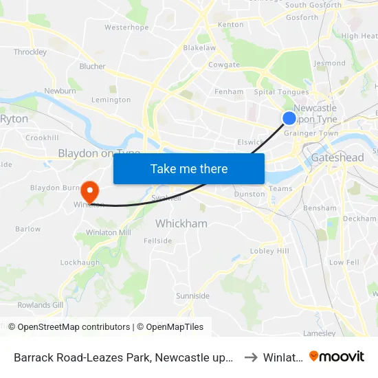 Barrack Road-Leazes Park, Newcastle upon Tyne to Winlaton map