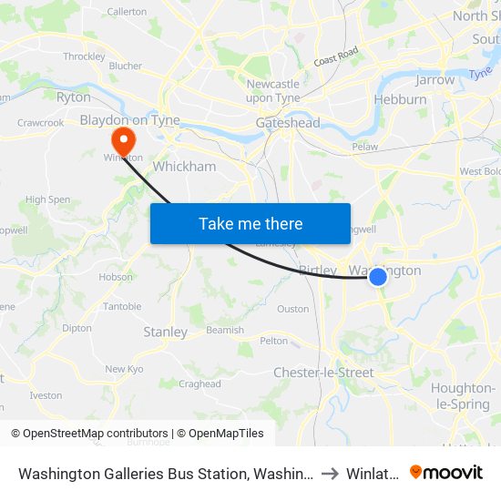 Washington Galleries Bus Station, Washington to Winlaton map