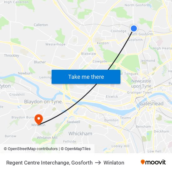 Regent Centre Interchange, Gosforth to Winlaton map