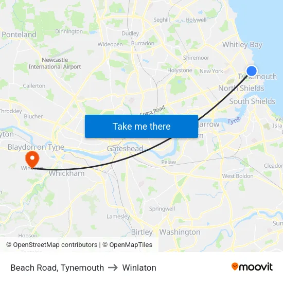 Beach Road, Tynemouth to Winlaton map