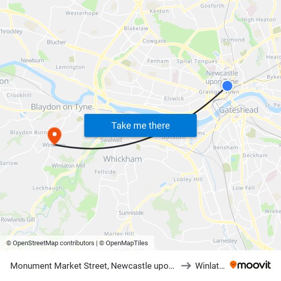 Monument Market Street, Newcastle upon Tyne to Winlaton map