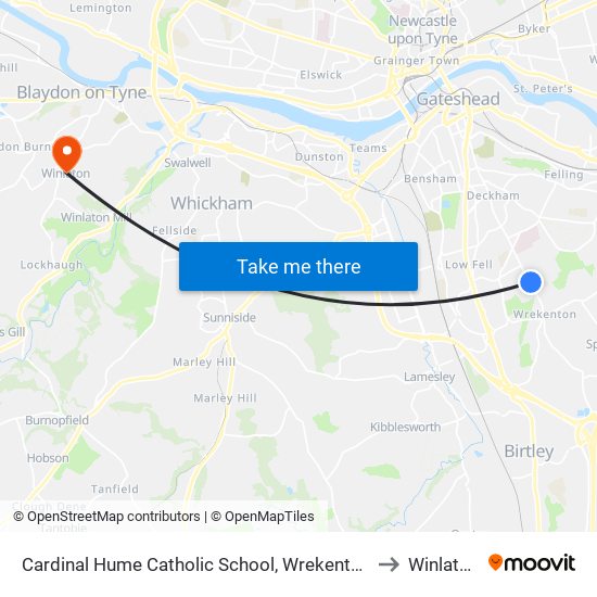 Cardinal Hume Catholic School, Wrekenton to Winlaton map