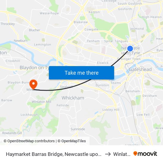 Haymarket Barras Bridge, Newcastle upon Tyne to Winlaton map