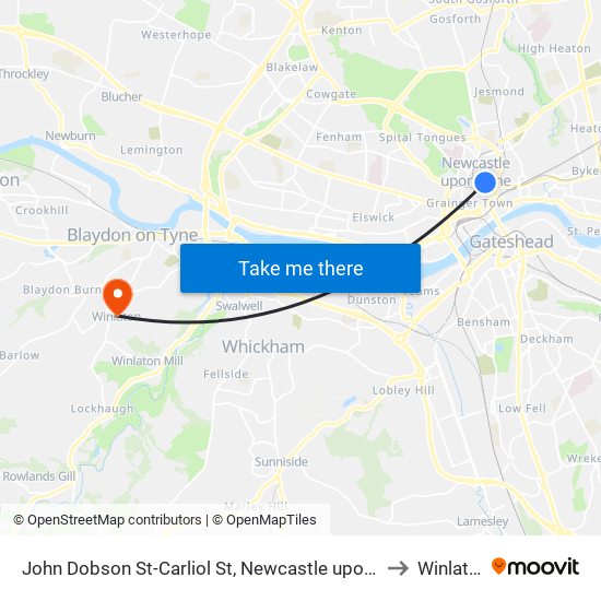 John Dobson St-Carliol St, Newcastle upon Tyne to Winlaton map