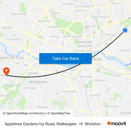 Appletree Gardens-Ivy Road, Walkergate to Winlaton map