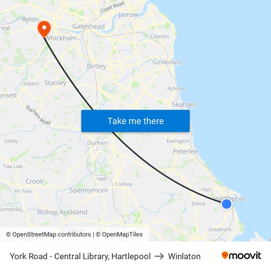 York Road - Central Library, Hartlepool to Winlaton map