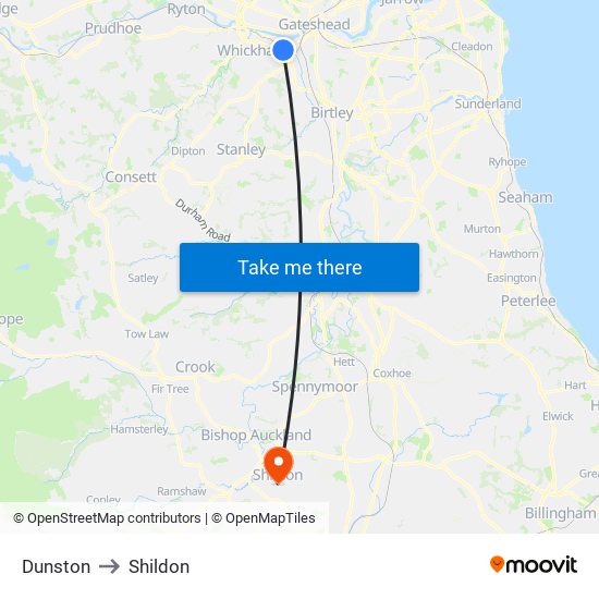 Dunston to Shildon map