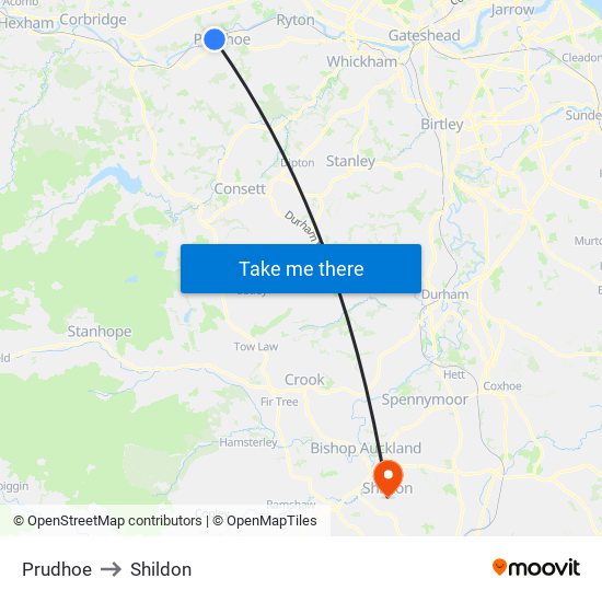 Prudhoe to Shildon map