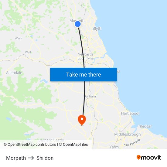 Morpeth to Shildon map