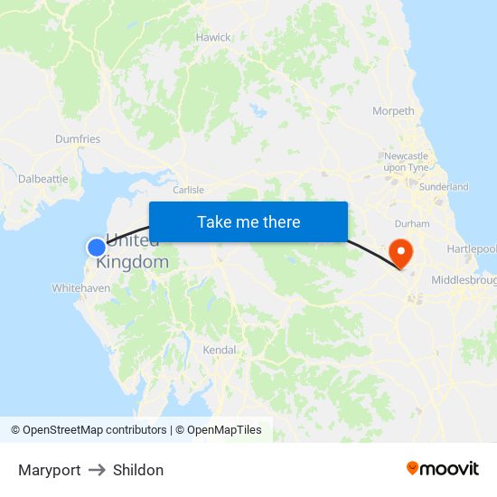 Maryport to Shildon map