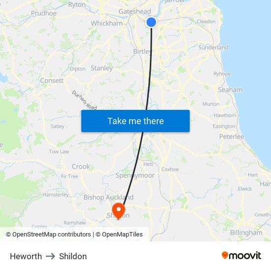 Heworth to Shildon map