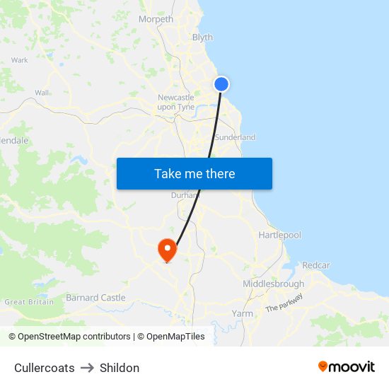 Cullercoats to Shildon map