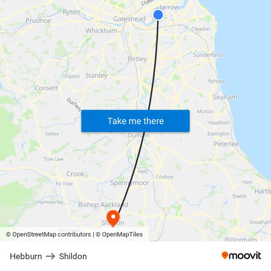Hebburn to Shildon map