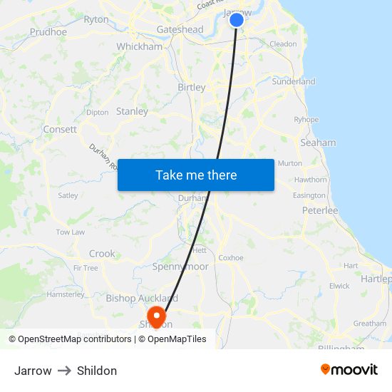 Jarrow to Shildon map