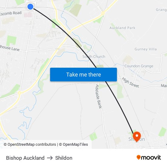Bishop Auckland to Shildon map