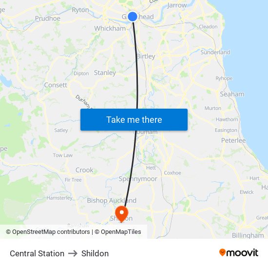 Central Station to Shildon map