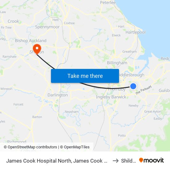 James Cook Hospital North, James Cook Hospital to Shildon map