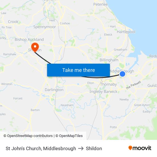 St John's Church, Middlesbrough to Shildon map