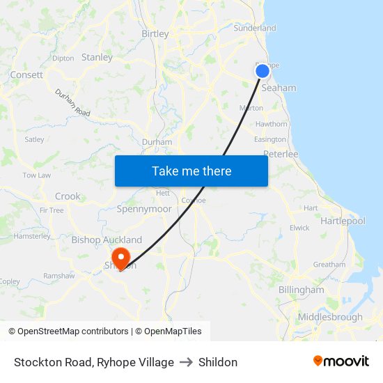 Stockton Road, Ryhope Village to Shildon map