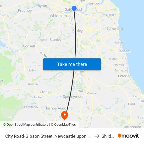 City Road-Gibson Street, Newcastle upon Tyne to Shildon map