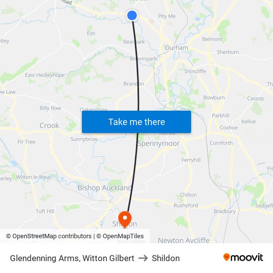 Glendenning Arms, Witton Gilbert to Shildon map