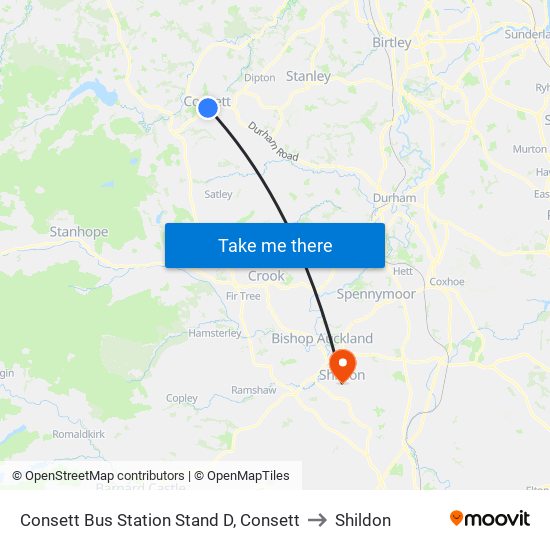 Consett Bus Station Stand D, Consett to Shildon map