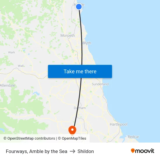 Fourways, Amble by the Sea to Shildon map