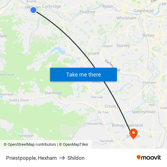 Priestpopple, Hexham to Shildon map
