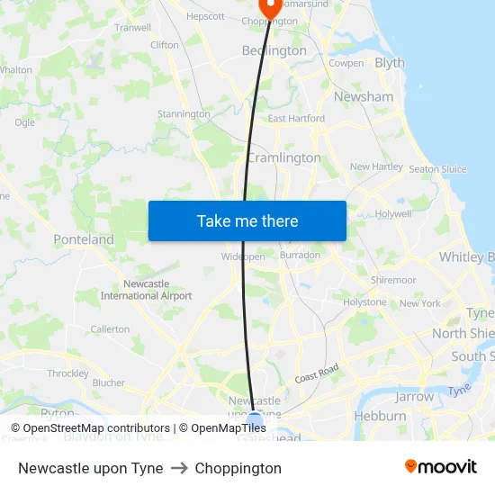 Newcastle upon Tyne to Choppington map