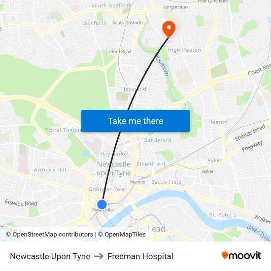 Newcastle Upon Tyne to Freeman Hospital map