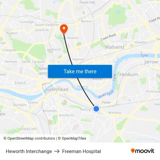 Heworth Interchange to Freeman Hospital map