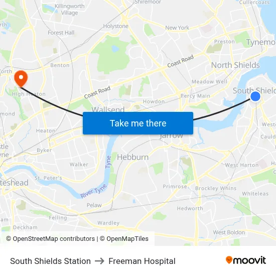 South Shields Station to Freeman Hospital map