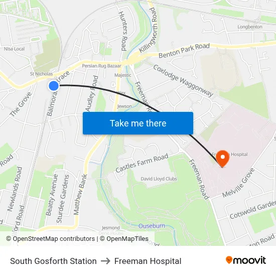South Gosforth Station to Freeman Hospital map