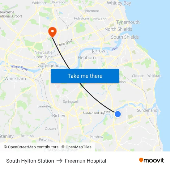 South Hylton Station to Freeman Hospital map