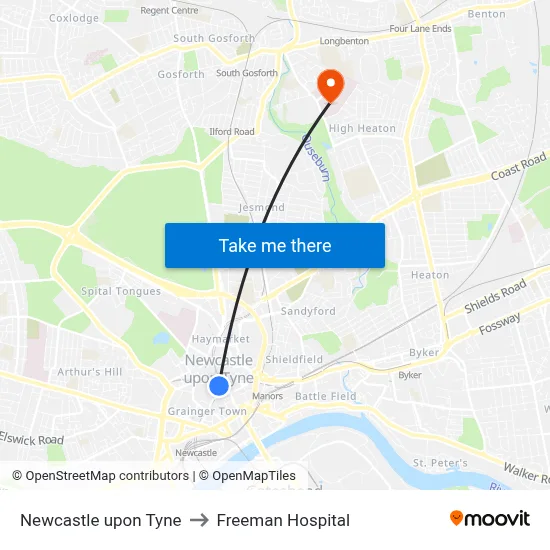 Newcastle upon Tyne to Freeman Hospital map