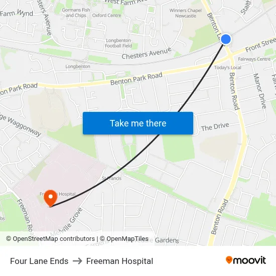 Four Lane Ends to Freeman Hospital map