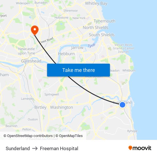 Sunderland to Freeman Hospital map