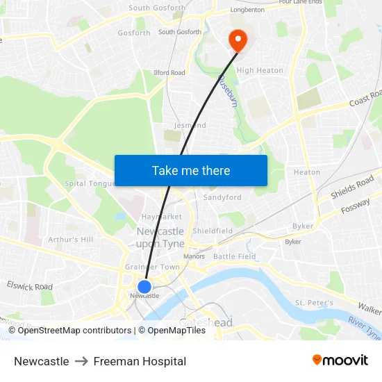 Newcastle to Freeman Hospital map
