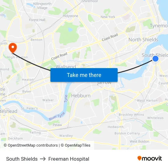 South Shields to Freeman Hospital map