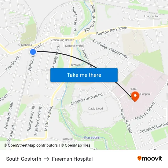 South Gosforth to Freeman Hospital map