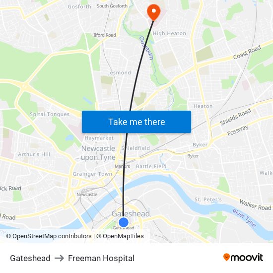 Gateshead to Freeman Hospital map